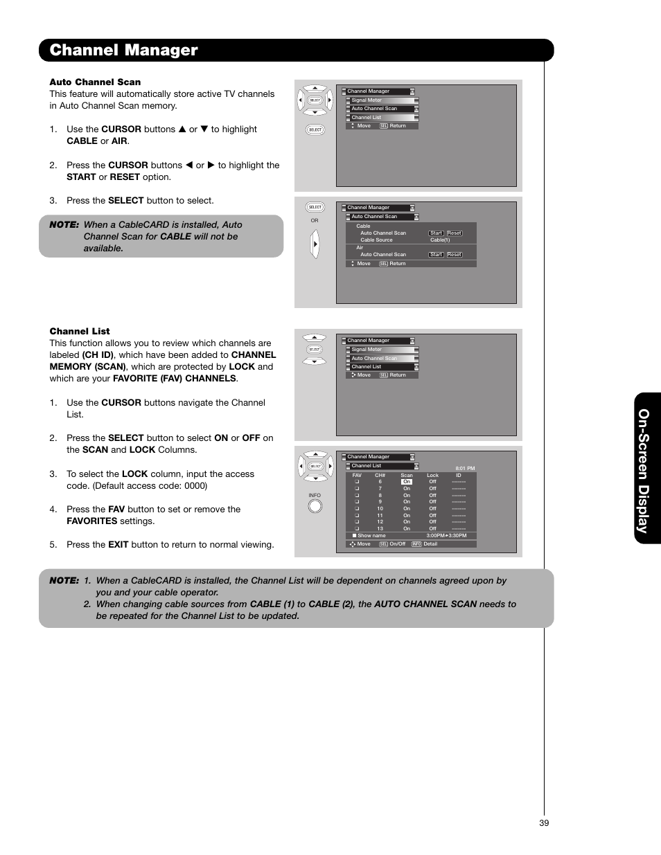 Channel manager, On-scr een display | Hitachi 51F710G User Manual | Page 39 / 72