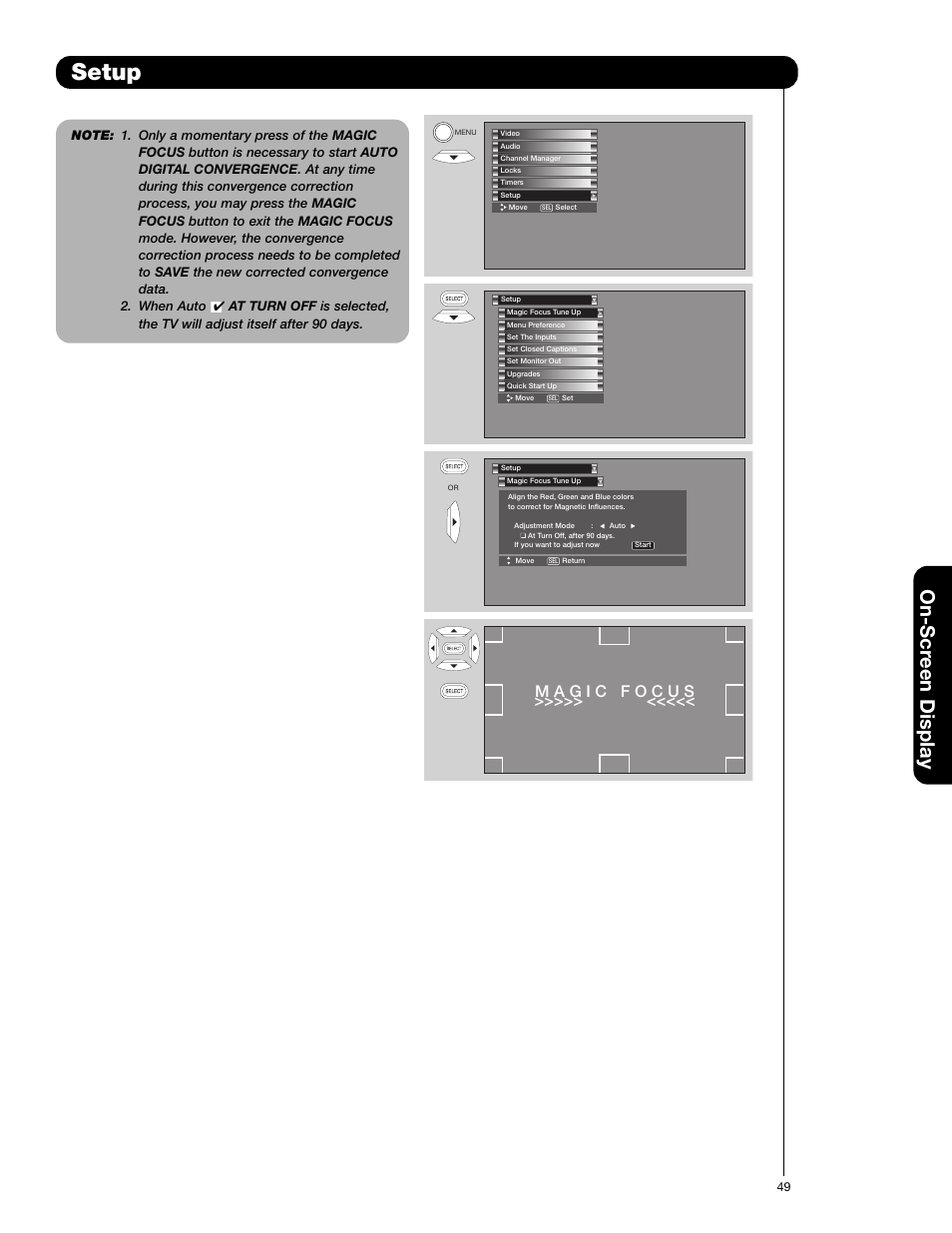 Setup, On-scr een display | Hitachi 51F710G User Manual | Page 49 / 72