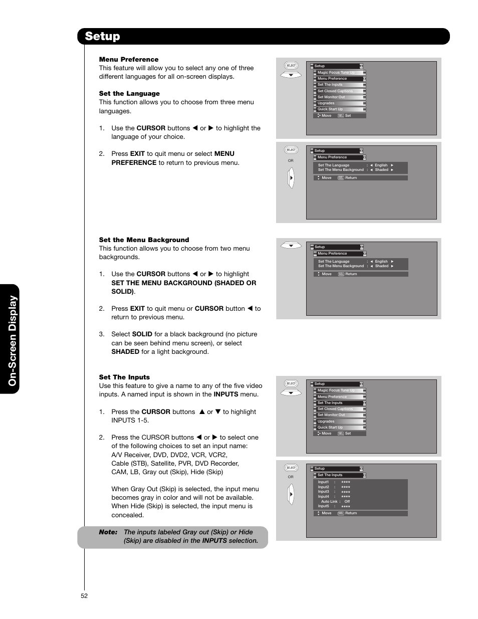 Setup, On-scr een display | Hitachi 51F710G User Manual | Page 52 / 72