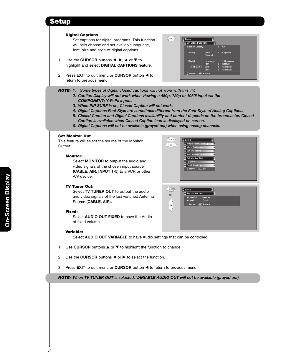 Setup, On-scr een display | Hitachi 51F710G User Manual | Page 54 / 72