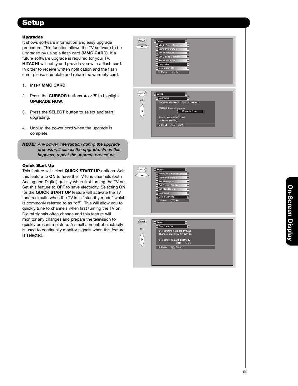 Setup, On-scr een display | Hitachi 51F710G User Manual | Page 55 / 72