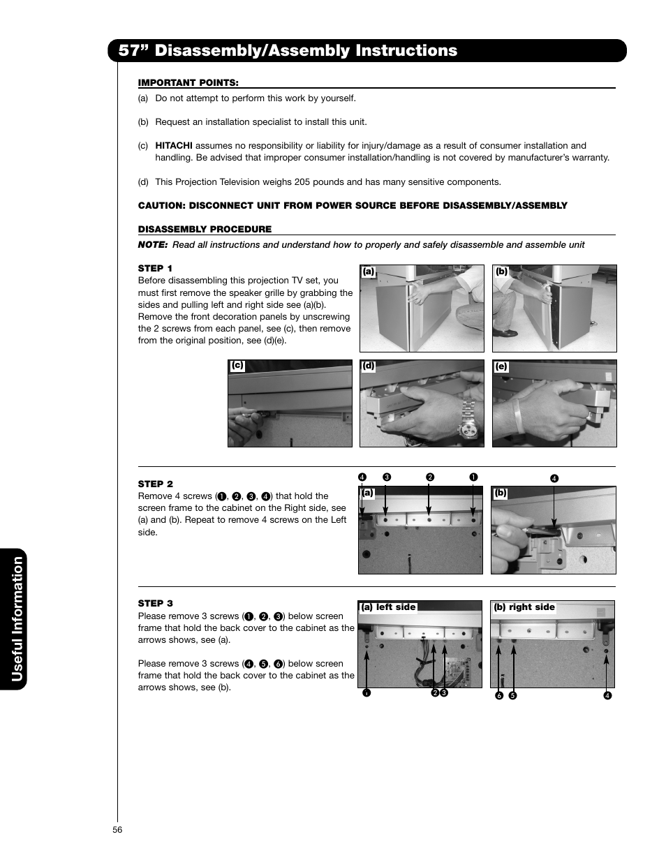 57” disassembly/assembly instructions, Useful information | Hitachi 51F710G User Manual | Page 56 / 72