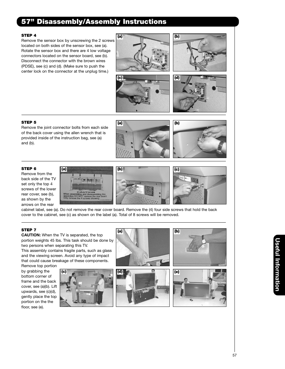 57” disassembly/assembly instructions, Useful information | Hitachi 51F710G User Manual | Page 57 / 72