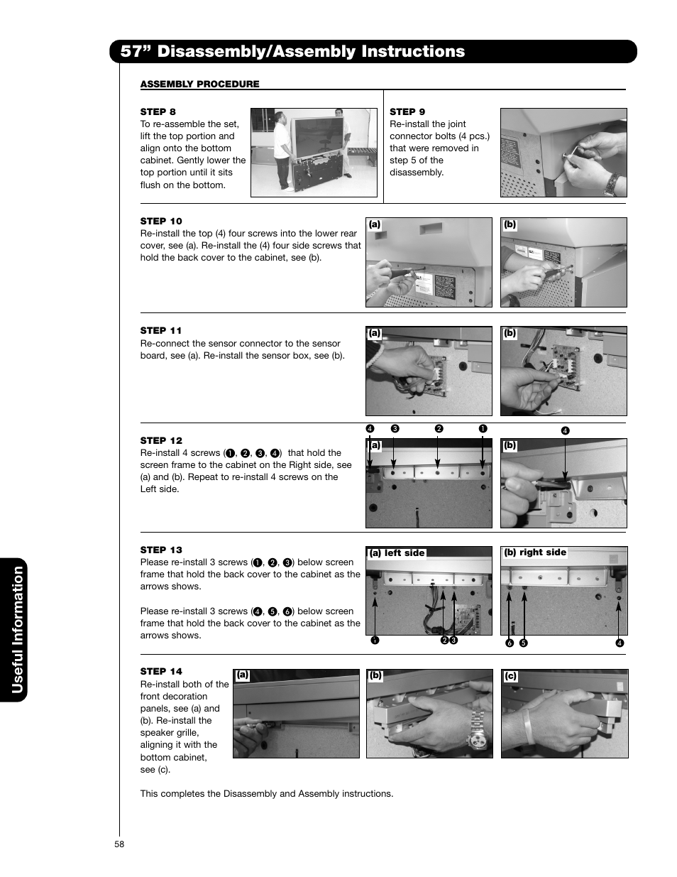 57” disassembly/assembly instructions, Useful information | Hitachi 51F710G User Manual | Page 58 / 72