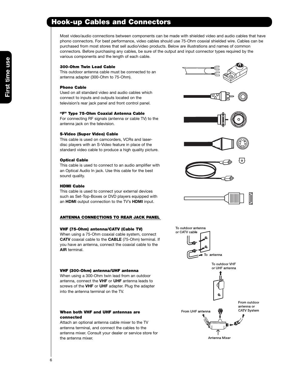 Hook-up cables and connectors, First time use | Hitachi 51F710G User Manual | Page 6 / 72