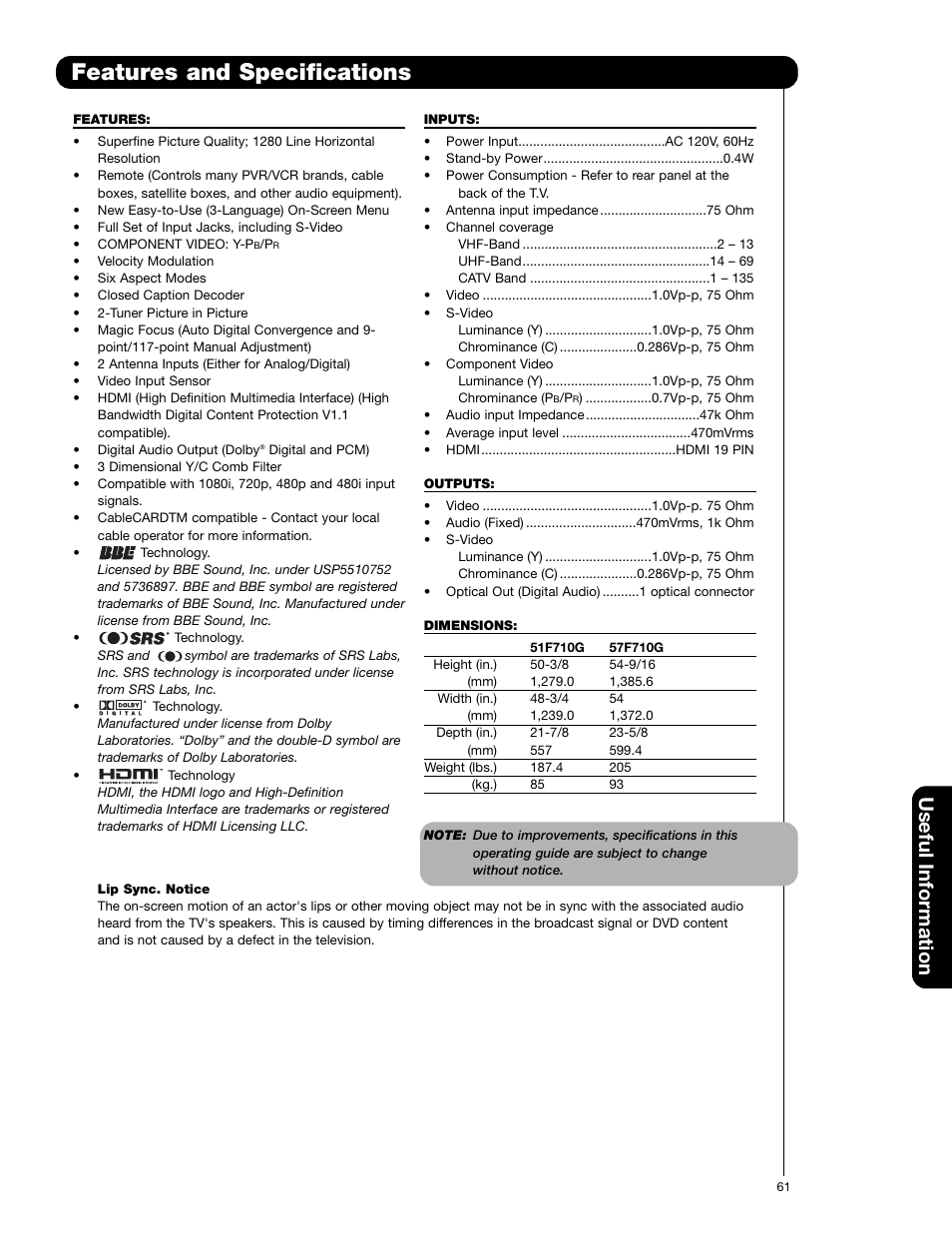 Features and specifications, Useful information | Hitachi 51F710G User Manual | Page 61 / 72