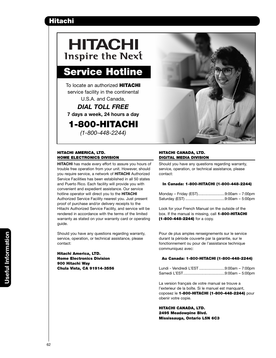 Service hotline, 800-hitachi, Hitachi | Dial toll free, Useful information | Hitachi 51F710G User Manual | Page 62 / 72