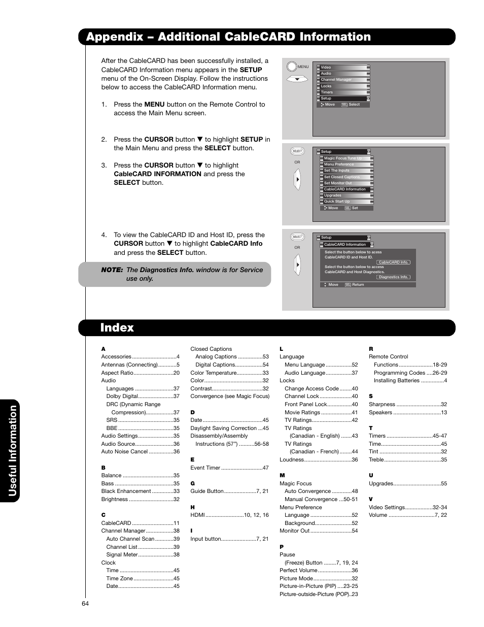 Index, Appendix – additional cablecard information, Useful information | Hitachi 51F710G User Manual | Page 64 / 72