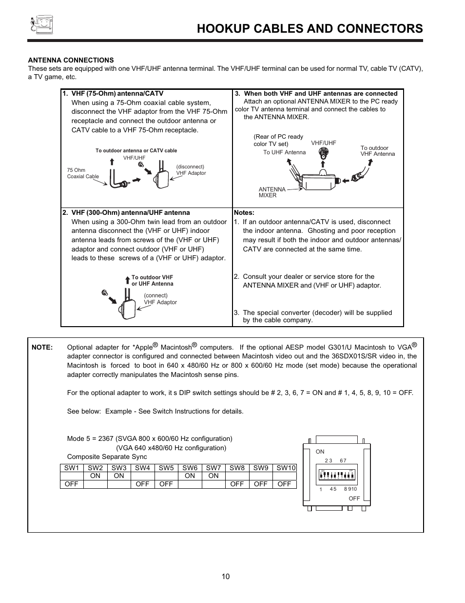 Hookup cables and connectors | Hitachi 36SDX01S User Manual | Page 10 / 80