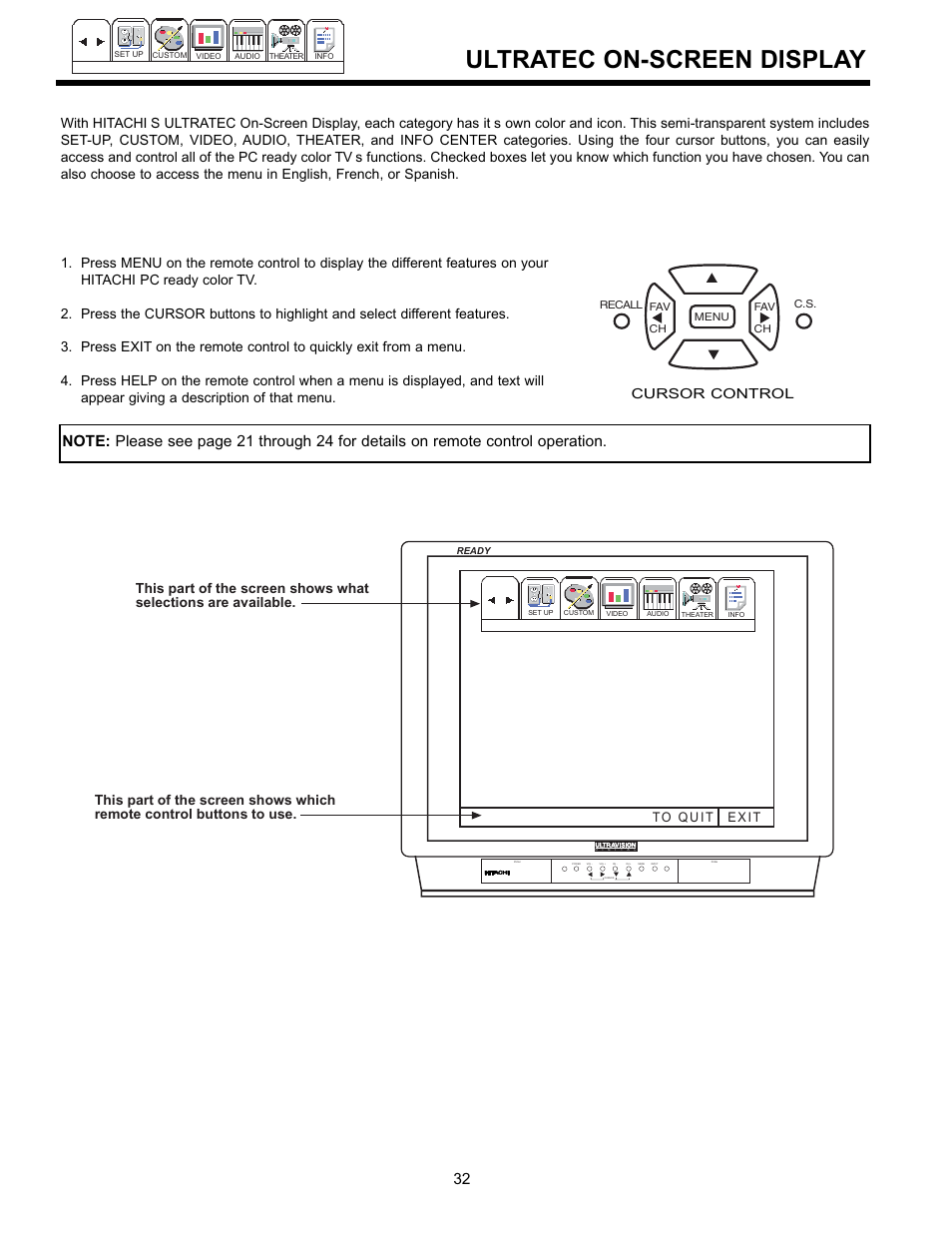 Ultratec on-screen display, Cursor control, E x i t | Hitachi 36SDX01S User Manual | Page 32 / 80