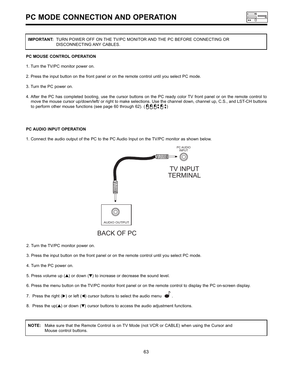 Pc mode connection and operation, Back of pc tv input terminal | Hitachi 36SDX01S User Manual | Page 63 / 80