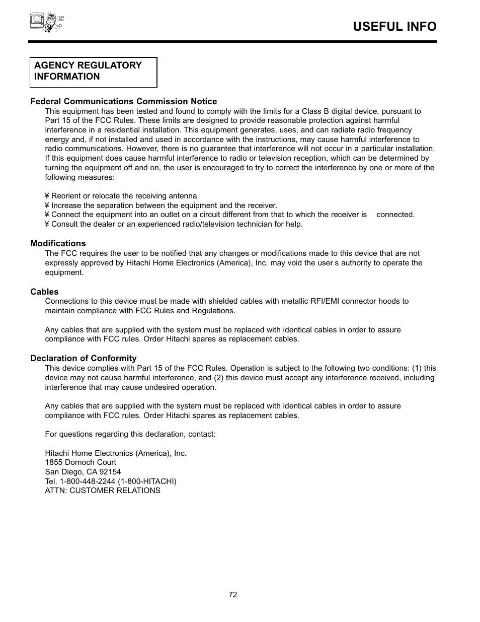 Useful info, Agency regulatory information | Hitachi 36SDX01S User Manual | Page 72 / 80