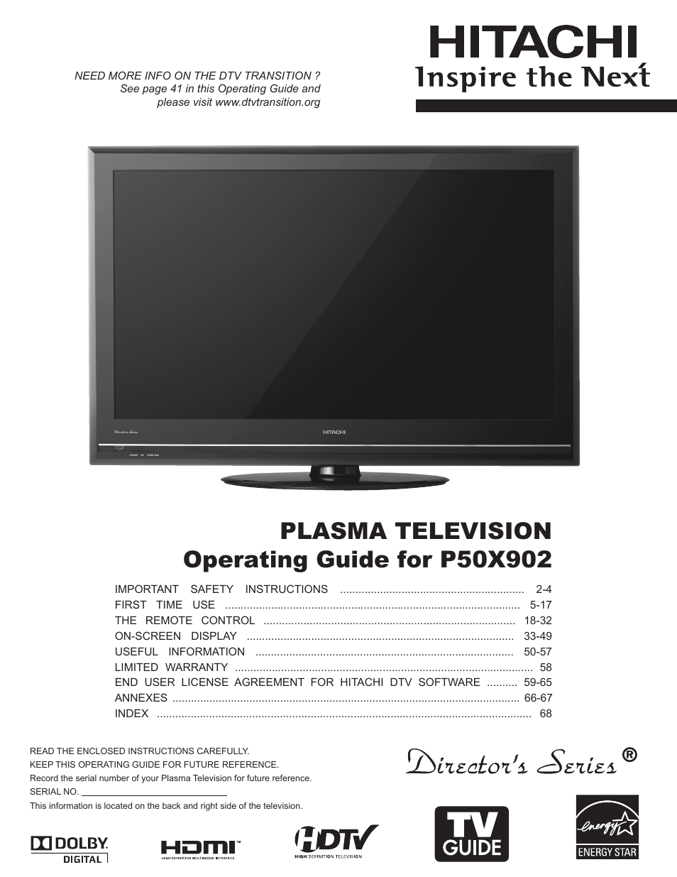 Hitachi DIRECTOR'S SERIES P50X902 User Manual | 70 pages