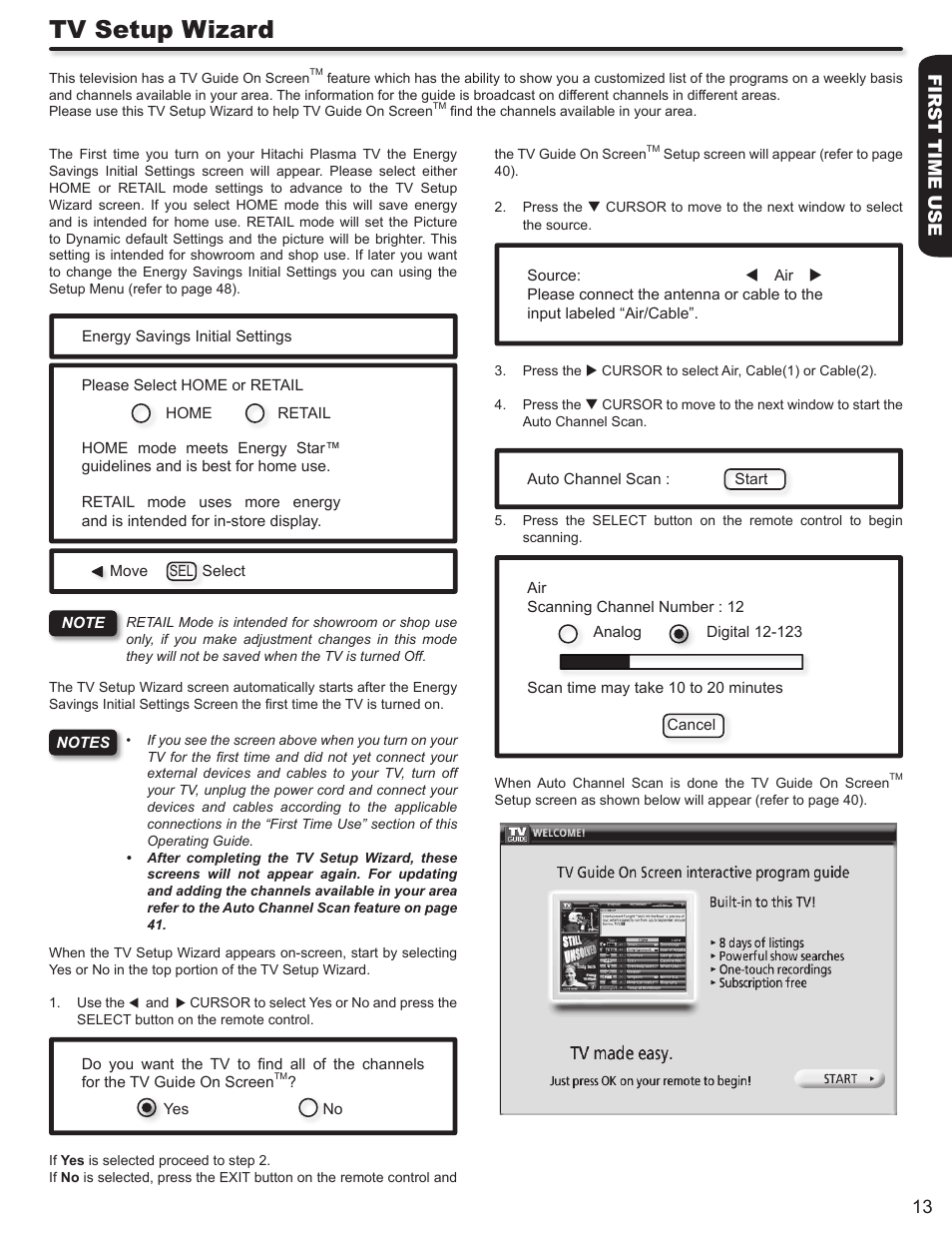 Tv setup wizard, First time use 13 | Hitachi DIRECTOR'S SERIES P50X902 User Manual | Page 13 / 70