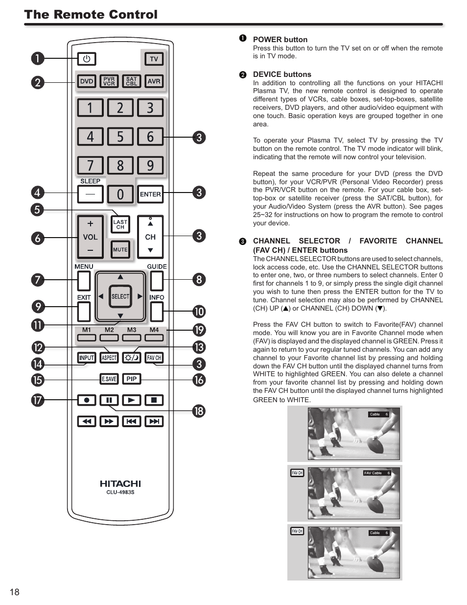 The remote control | Hitachi DIRECTOR'S SERIES P50X902 User Manual | Page 18 / 70