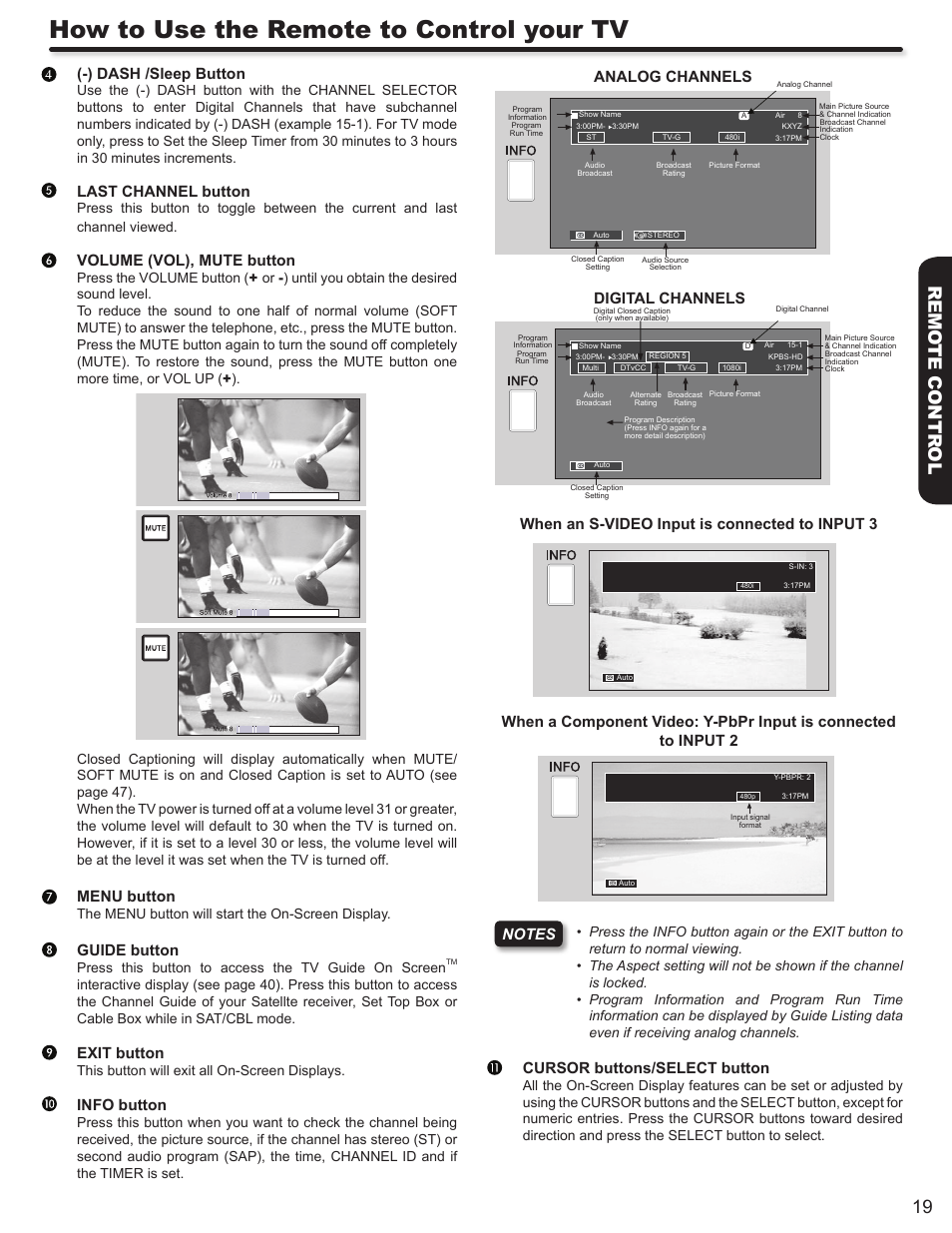 How to use the remote to control your tv, 19 remo te contr ol, Dash /sleep button | Last channel button, Volume (vol), mute button, Menu button, Guide button, Exit button, Info button, Analog channels | Hitachi DIRECTOR'S SERIES P50X902 User Manual | Page 19 / 70