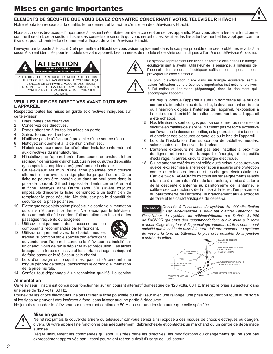 Mises en garde importantes | Hitachi DIRECTOR'S SERIES P50X902 User Manual | Page 2 / 70