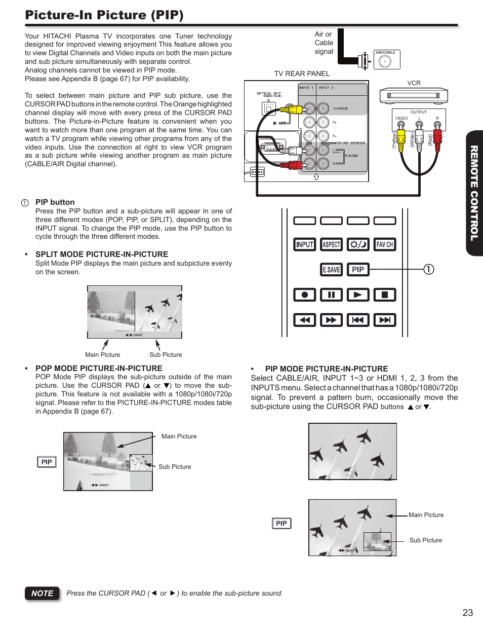 Picture-in picture (pip), 23 remo te contr ol | Hitachi DIRECTOR'S SERIES P50X902 User Manual | Page 23 / 70