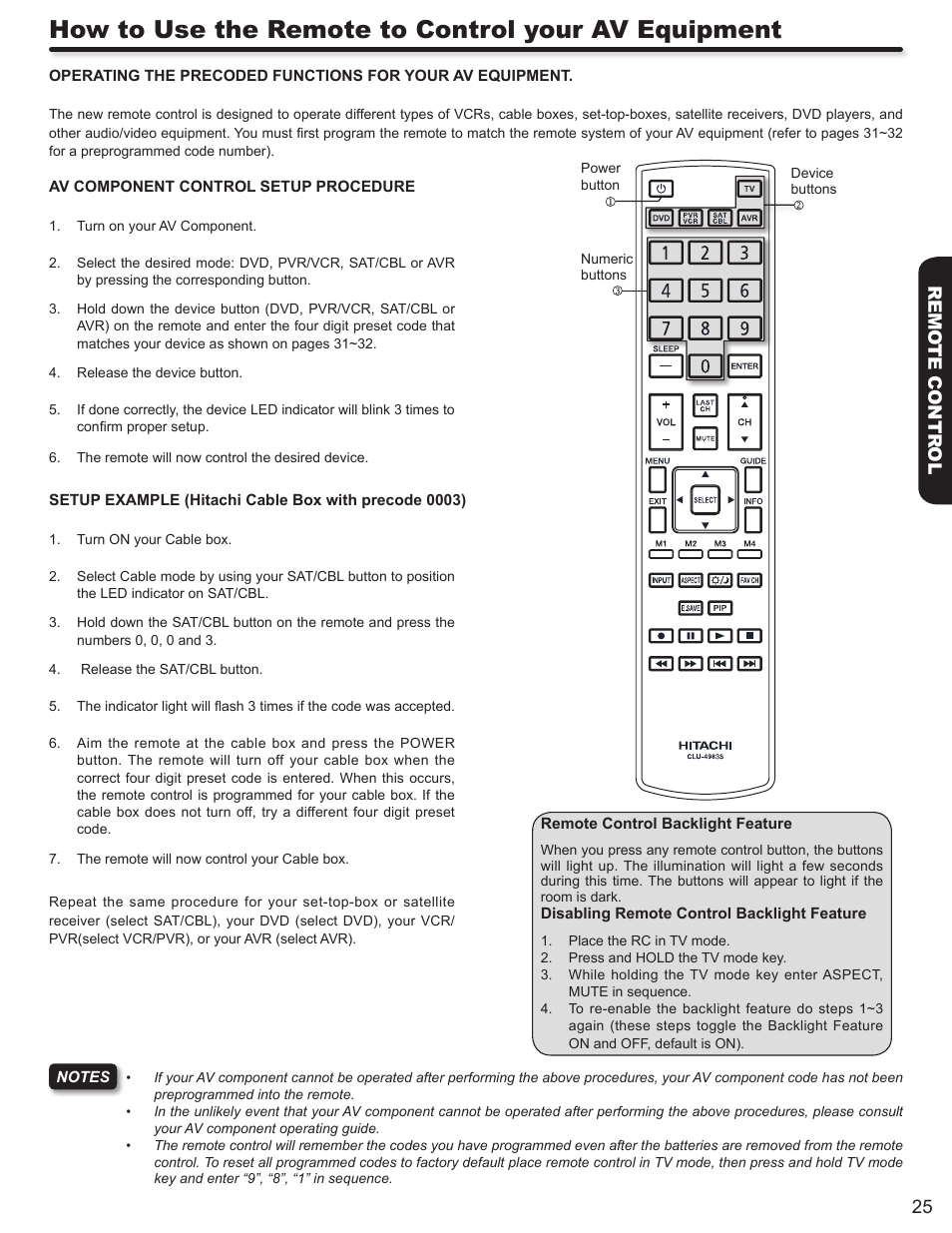 How to use the remote to control your av equipment, 25 remo te contr ol | Hitachi DIRECTOR'S SERIES P50X902 User Manual | Page 25 / 70