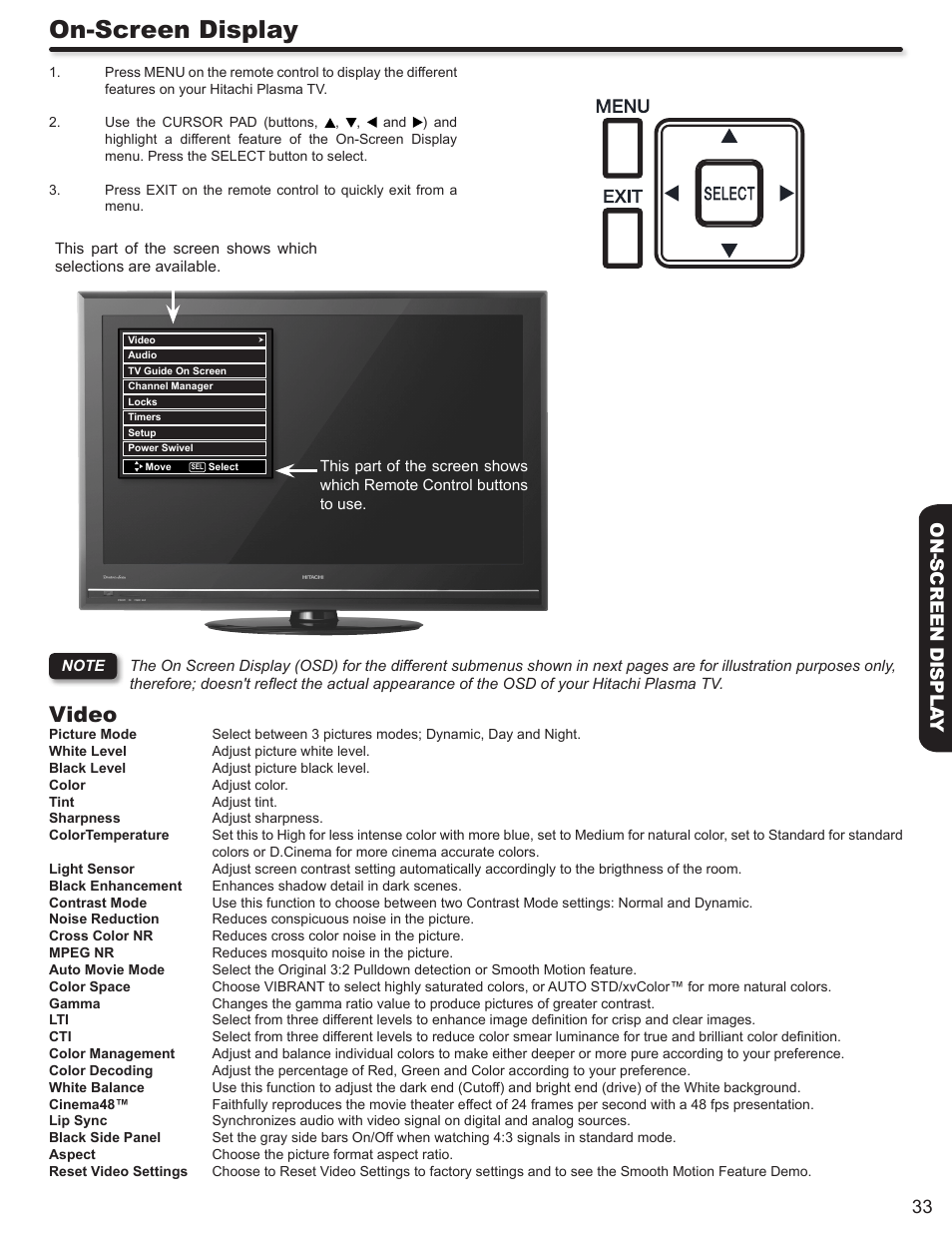 On-screen display, Video, 33 on-screen displa y | Hitachi DIRECTOR'S SERIES P50X902 User Manual | Page 33 / 70