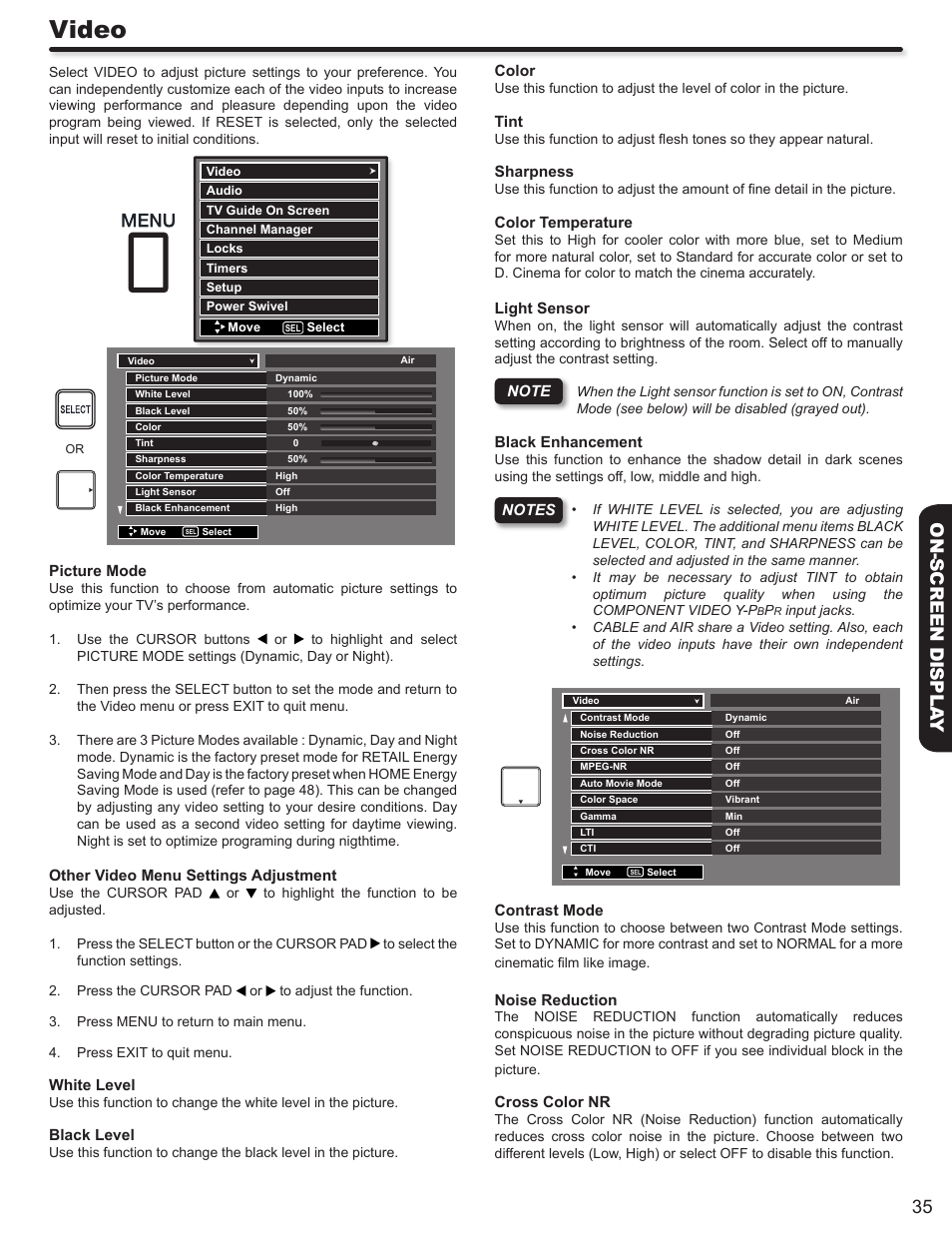 Video, 35 on-screen displa y | Hitachi DIRECTOR'S SERIES P50X902 User Manual | Page 35 / 70