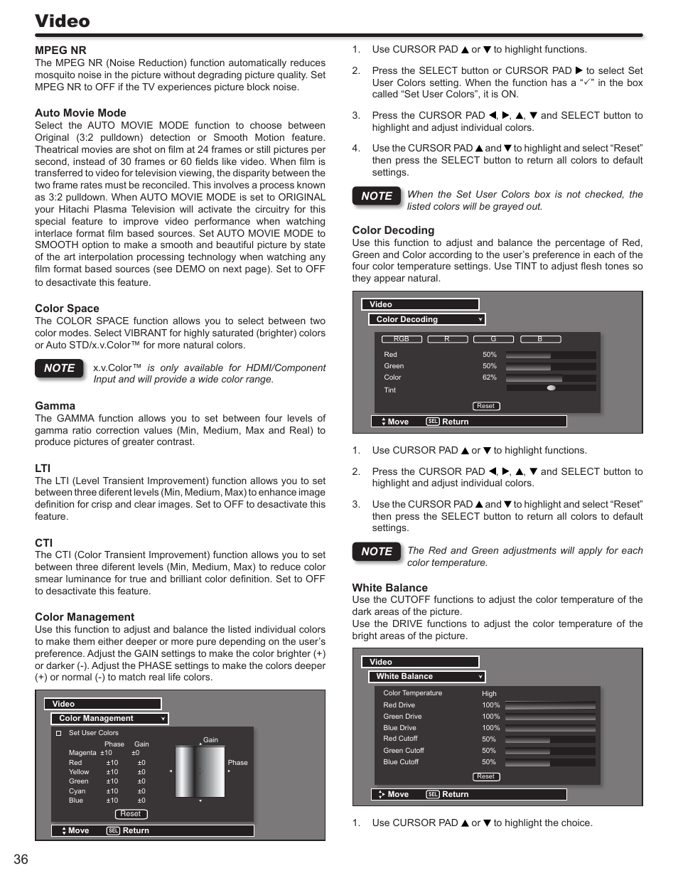 Video | Hitachi DIRECTOR'S SERIES P50X902 User Manual | Page 36 / 70