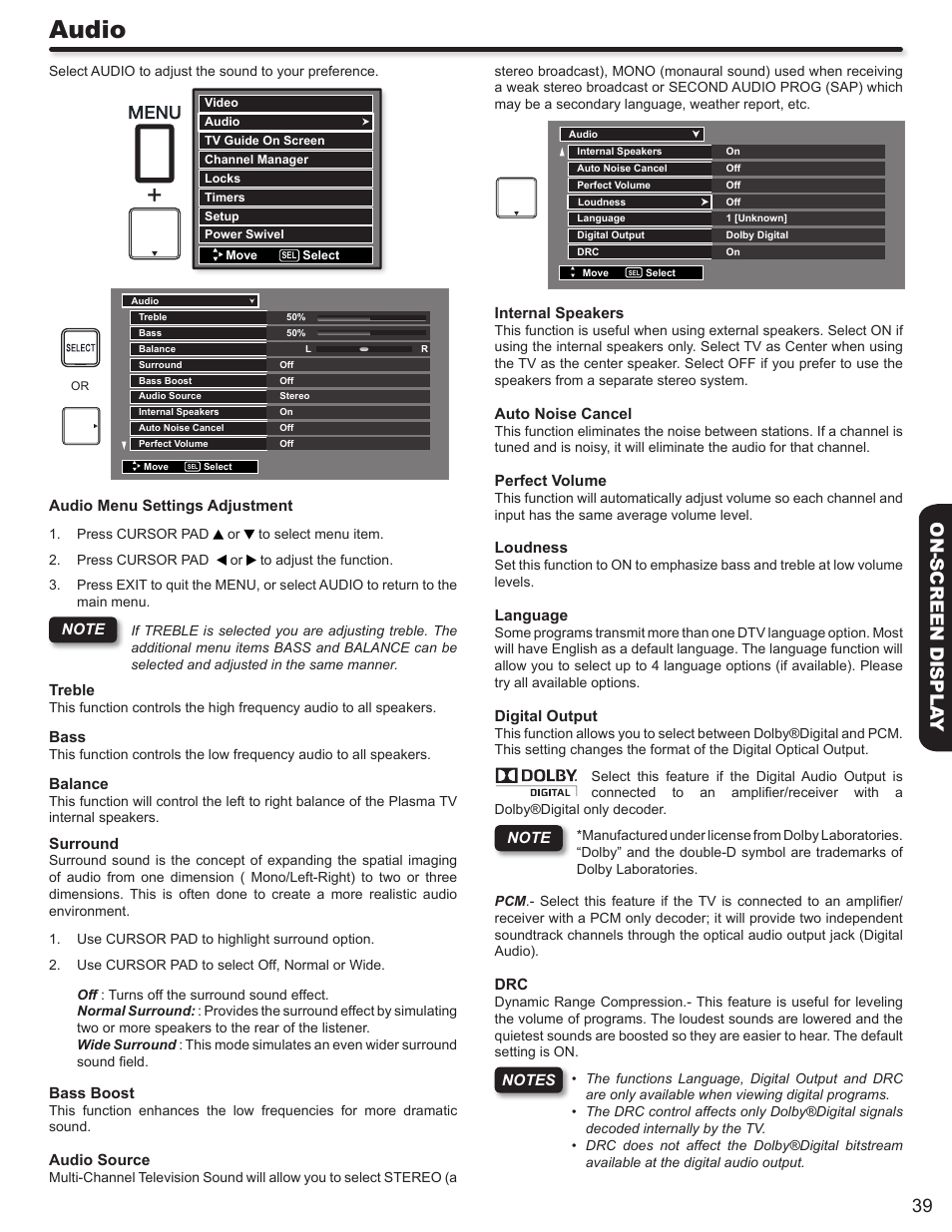 Audio, 39 on-screen displa y | Hitachi DIRECTOR'S SERIES P50X902 User Manual | Page 39 / 70