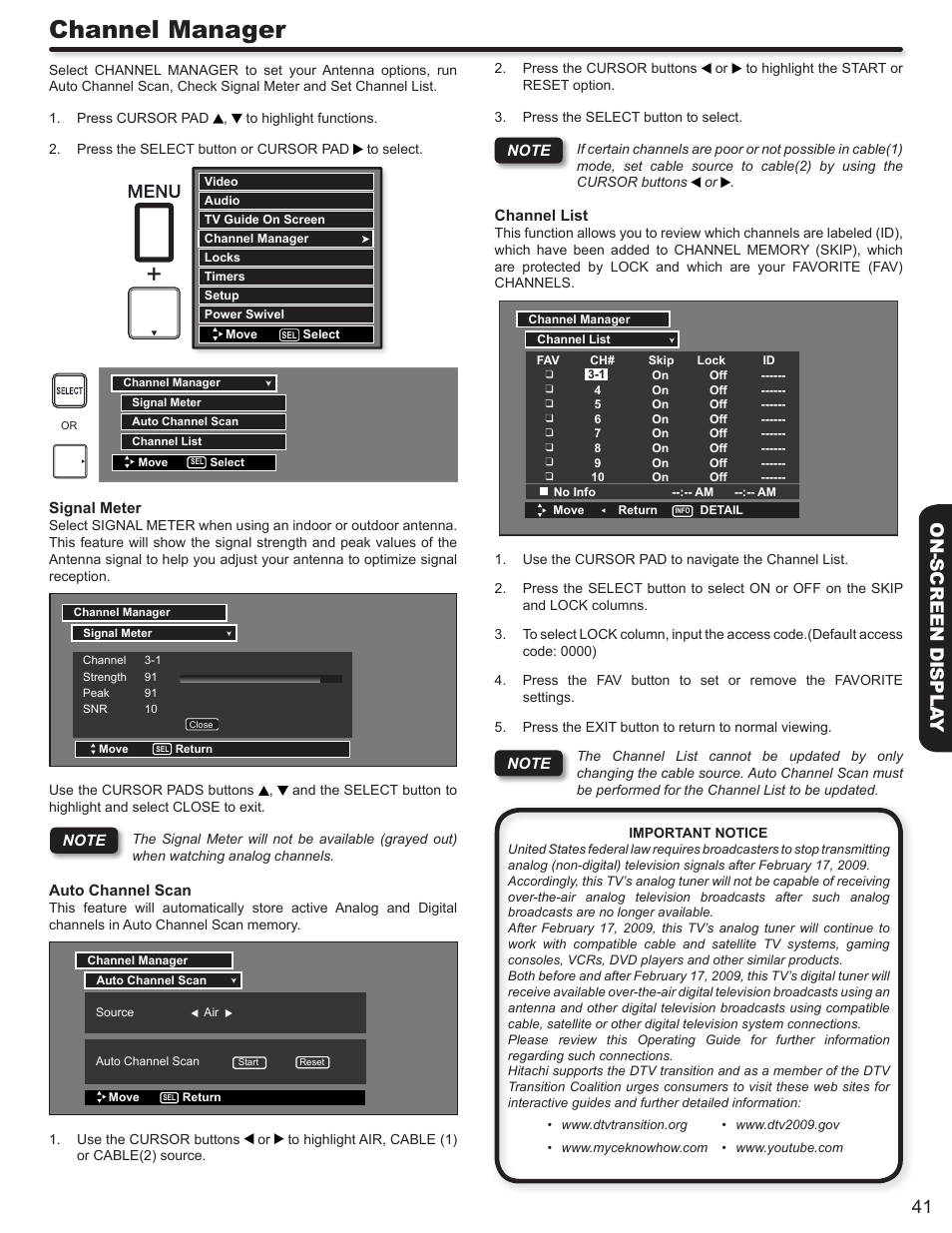 Channel manager, 41 on-screen displa y | Hitachi DIRECTOR'S SERIES P50X902 User Manual | Page 41 / 70