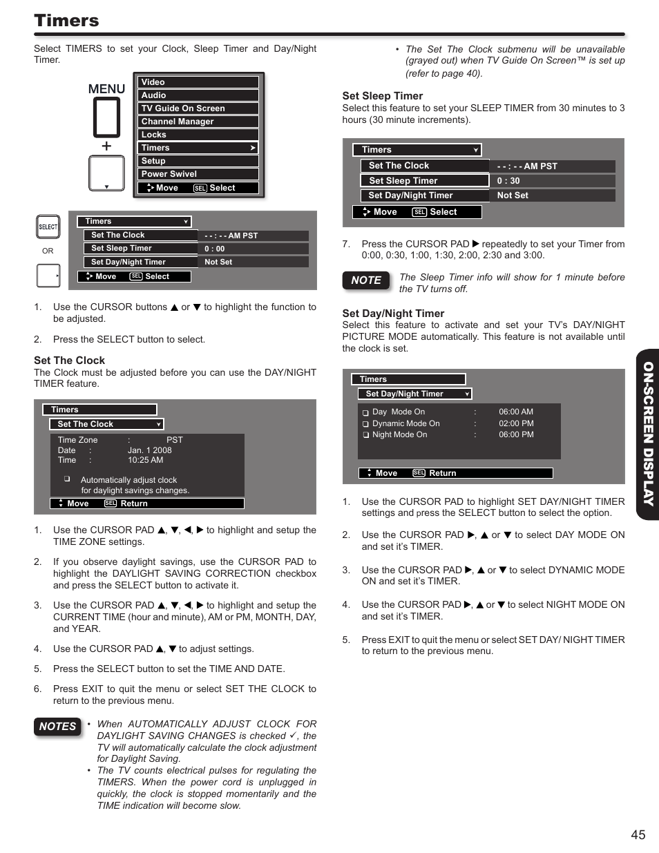 Timers, 45 on-screen displa y | Hitachi DIRECTOR'S SERIES P50X902 User Manual | Page 45 / 70