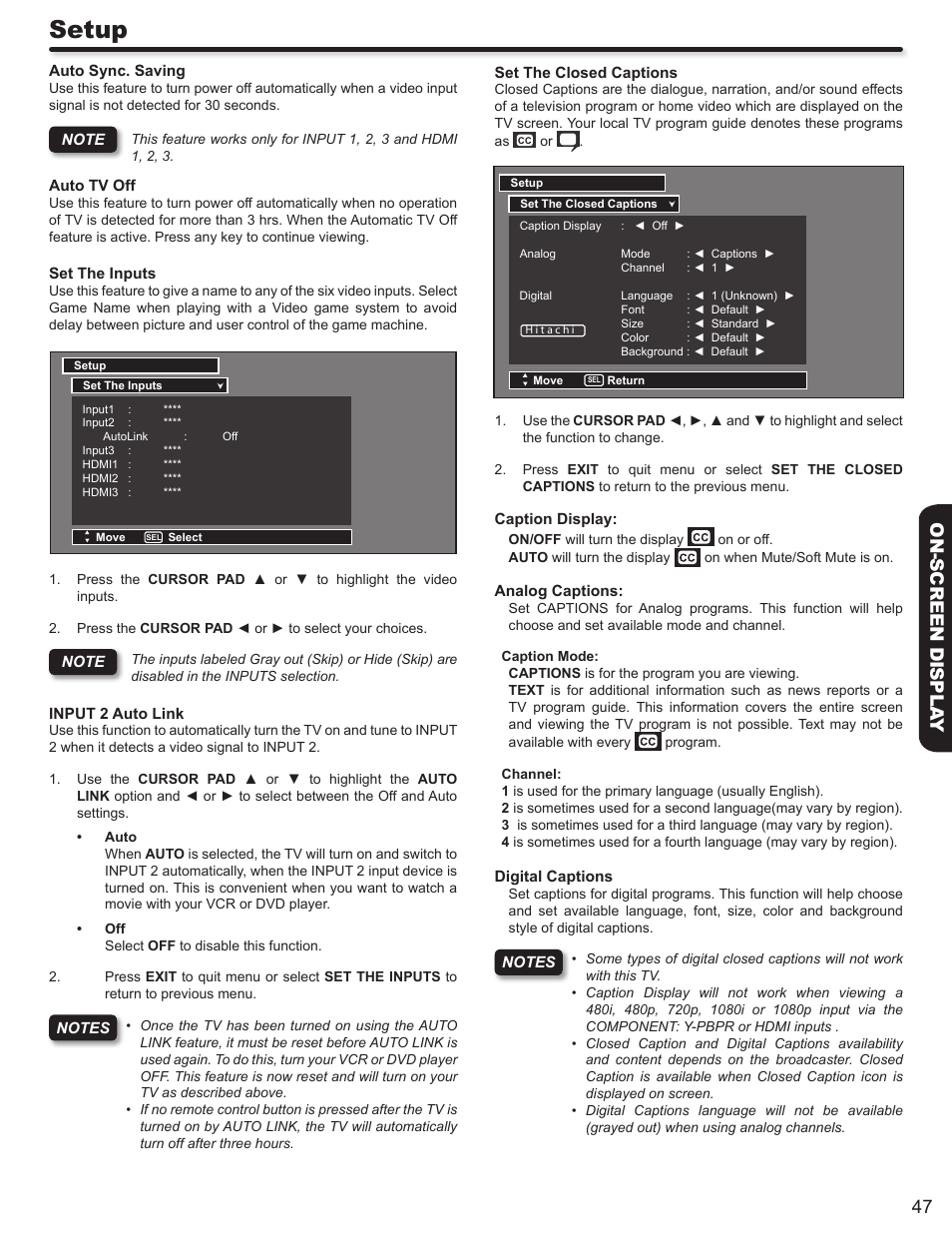 Setup, 47 on-screen displa y | Hitachi DIRECTOR'S SERIES P50X902 User Manual | Page 47 / 70