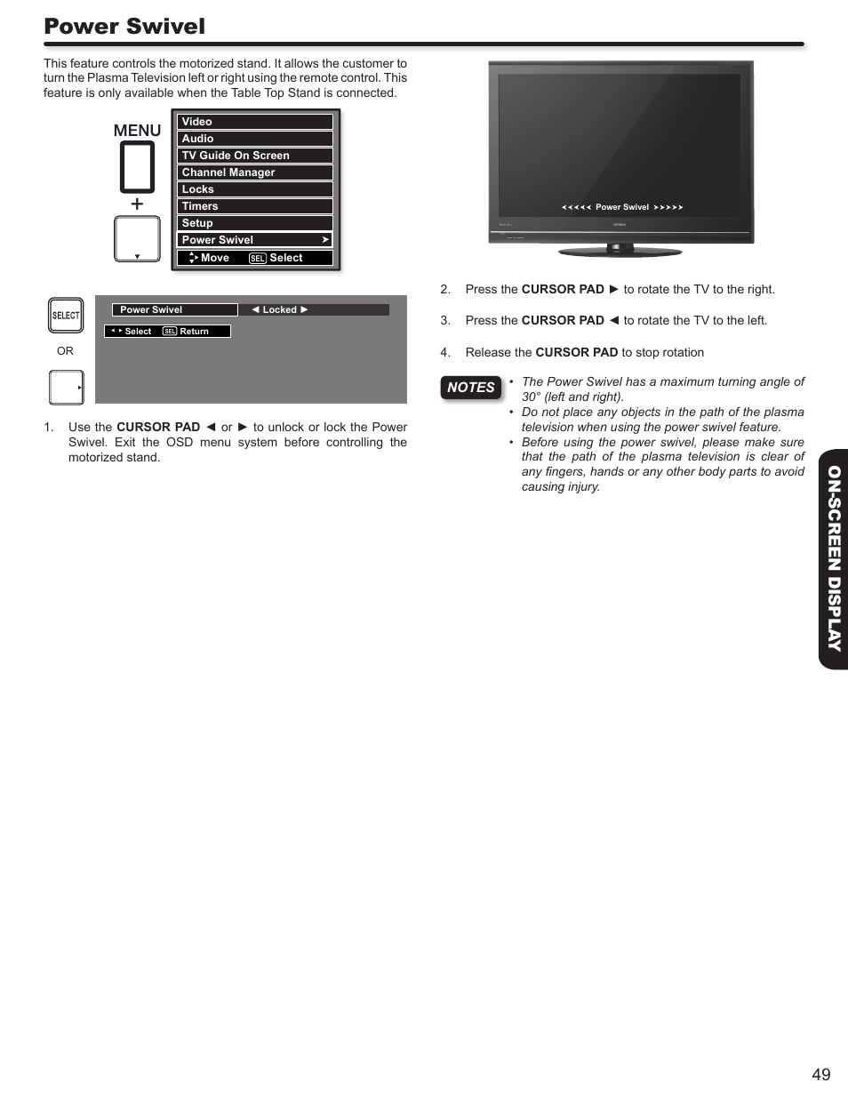 Power swivel, 49 on-screen displa y | Hitachi DIRECTOR'S SERIES P50X902 User Manual | Page 49 / 70