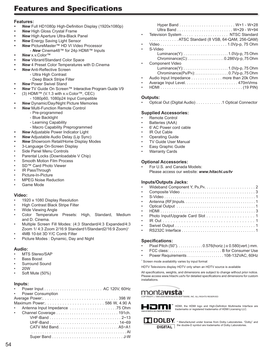 Features and specifications | Hitachi DIRECTOR'S SERIES P50X902 User Manual | Page 54 / 70