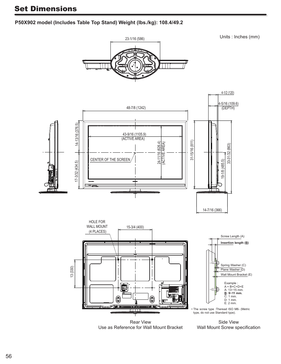 Set dimensions | Hitachi DIRECTOR'S SERIES P50X902 User Manual | Page 56 / 70
