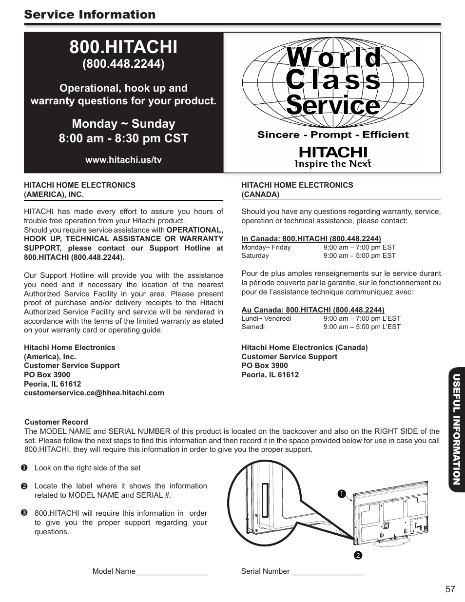 Hitachi, Service information | Hitachi DIRECTOR'S SERIES P50X902 User Manual | Page 57 / 70