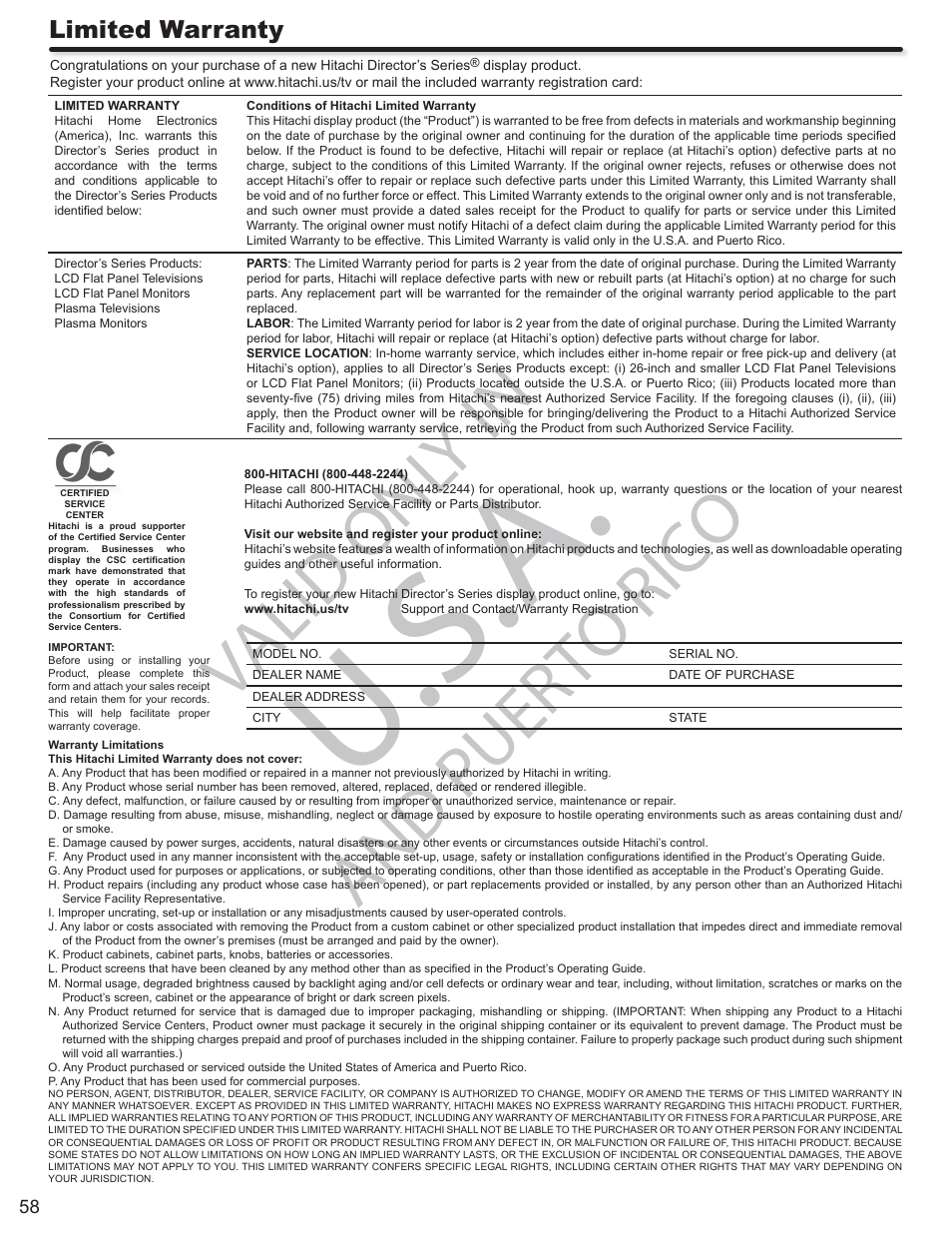 U.s.a, Valid onl y in, And puerto rico | Limited warranty | Hitachi DIRECTOR'S SERIES P50X902 User Manual | Page 58 / 70