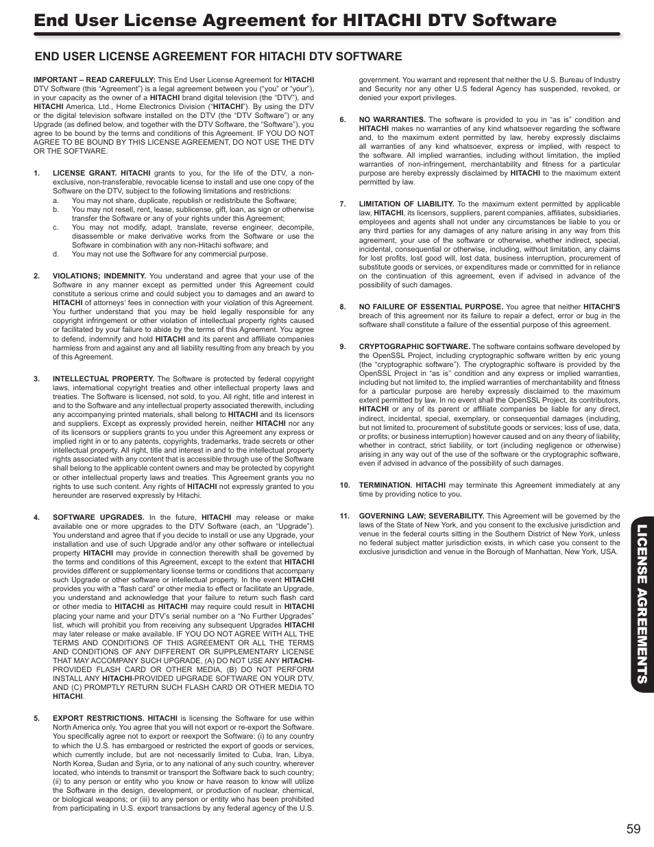 59 license a greements | Hitachi DIRECTOR'S SERIES P50X902 User Manual | Page 59 / 70