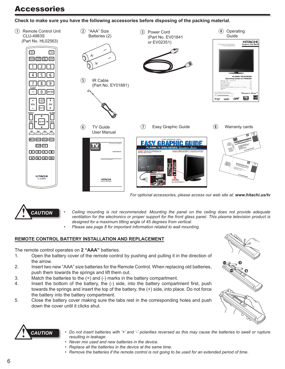 Accessories, Caution, Aaa” size batteries (2) | Operating guide, Tv guide user manual, Easy graphic guide, Warranty cards | Hitachi DIRECTOR'S SERIES P50X902 User Manual | Page 6 / 70