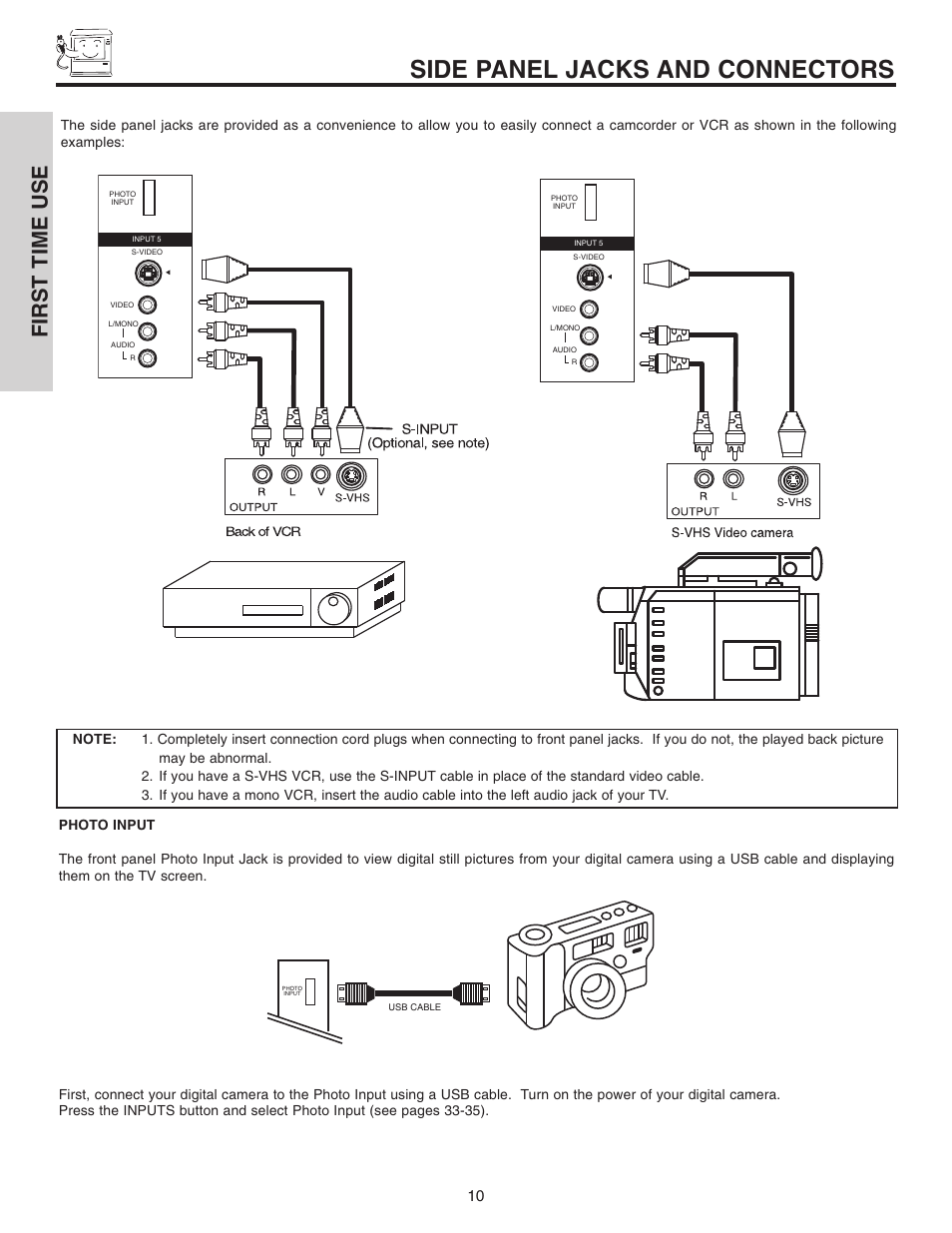Side panel jacks and connectors, First time use | Hitachi 70VX915 User Manual | Page 10 / 92