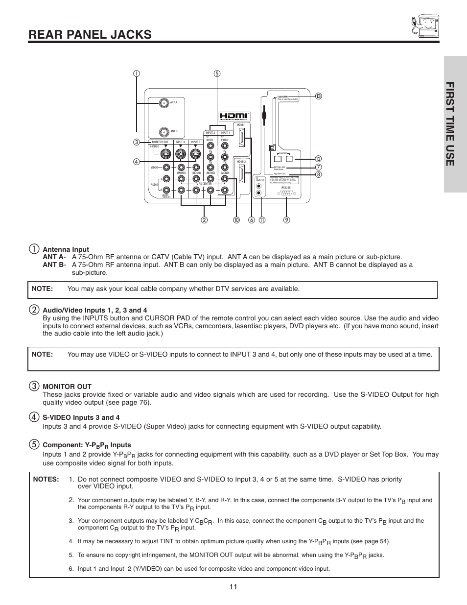 Rear panel jacks, First time use | Hitachi 70VX915 User Manual | Page 11 / 92