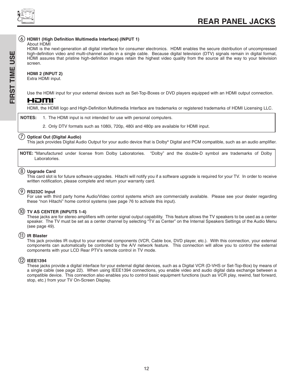 Rear panel jacks, First time use | Hitachi 70VX915 User Manual | Page 12 / 92