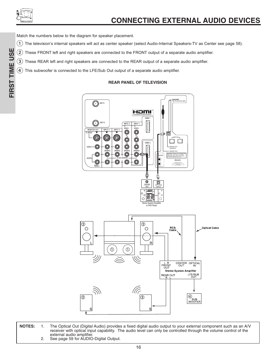 Connecting external audio devices, First time use | Hitachi 70VX915 User Manual | Page 16 / 92