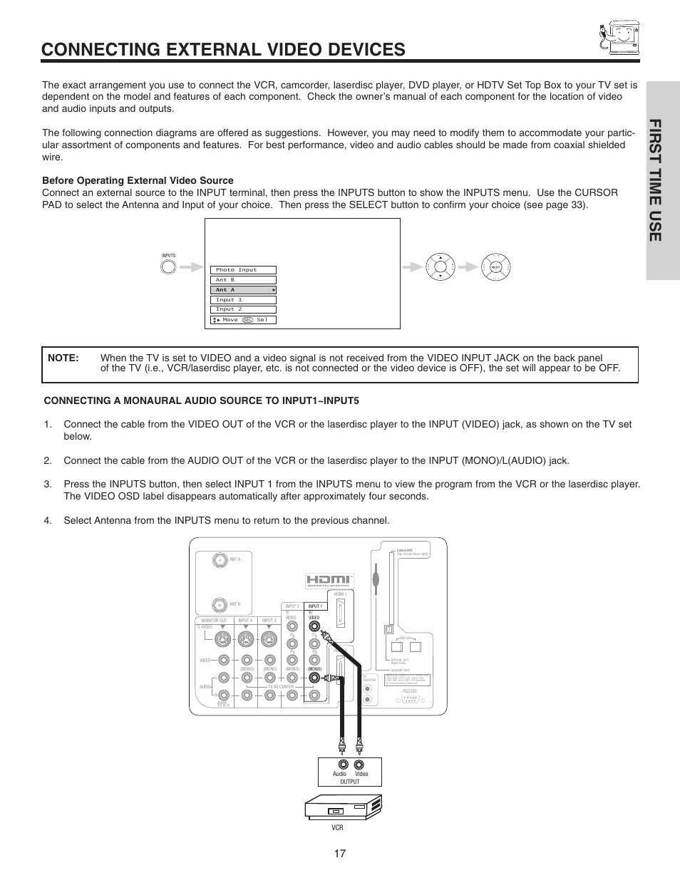 Connecting external video devices, First time use | Hitachi 70VX915 User Manual | Page 17 / 92