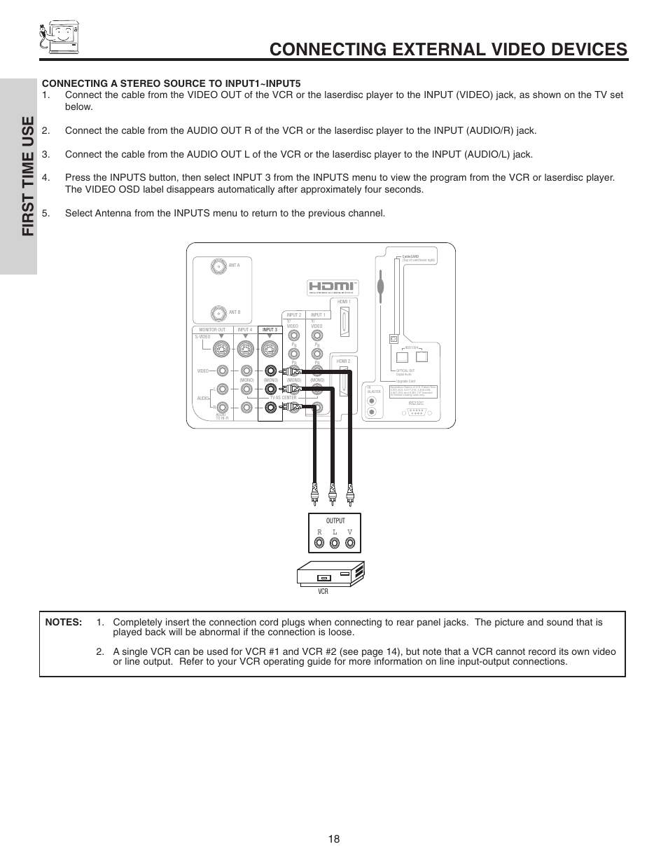 Connecting external video devices, First time use, Rl v | Hitachi 70VX915 User Manual | Page 18 / 92