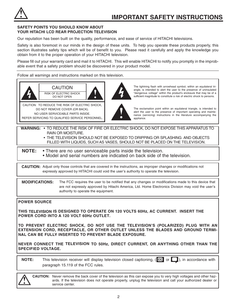 Important safety instructions, Caution | Hitachi 70VX915 User Manual | Page 2 / 92