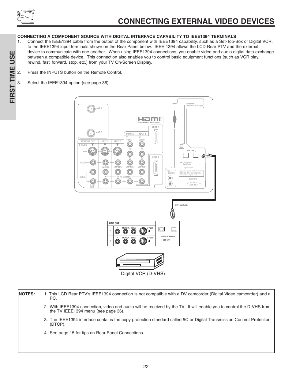 Connecting external video devices, First time use, Digital vcr (d-vhs) | Hitachi 70VX915 User Manual | Page 22 / 92