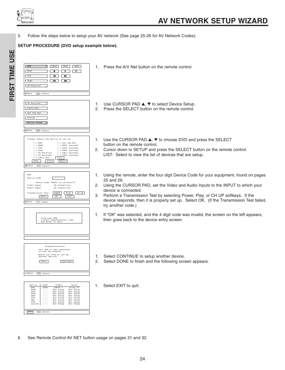 Av network setup wizard, First time use | Hitachi 70VX915 User Manual | Page 24 / 92