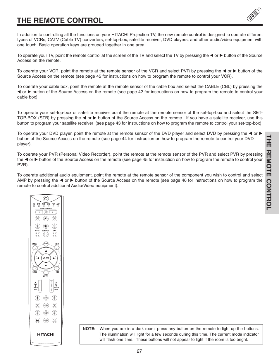 The remote control | Hitachi 70VX915 User Manual | Page 27 / 92