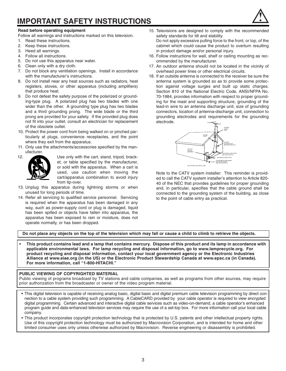 Important safety instructions | Hitachi 70VX915 User Manual | Page 3 / 92