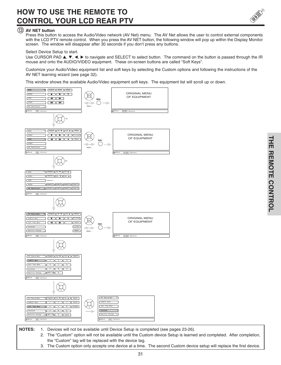 How to use the remote to control your lcd rear ptv, The remote control ቯ | Hitachi 70VX915 User Manual | Page 31 / 92