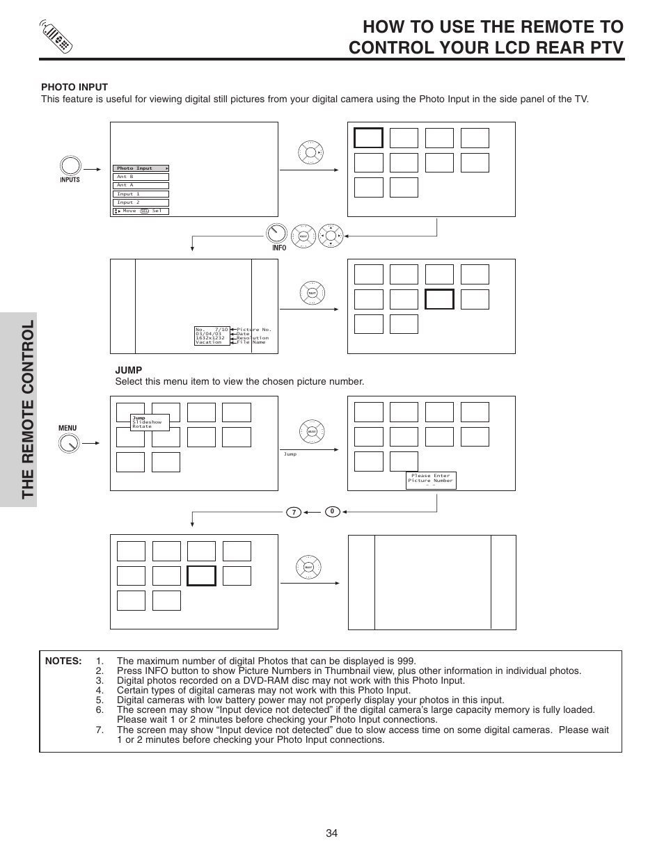 How to use the remote to control your lcd rear ptv, The remote control | Hitachi 70VX915 User Manual | Page 34 / 92